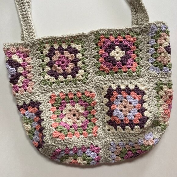 Handmade Granny Square Crocheted Purse Market Bag Grey Purple Pink Green - Picture 3 of 4